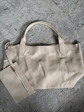 Made in Italy Pebbled Leather Tote in Light Beige with Detachable Pouch